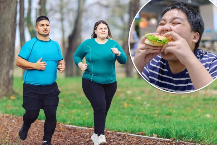 obese couple jogging exercise eating comp