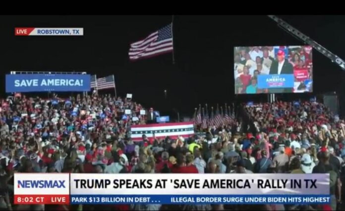 Trump Rally Crowd Sings National Anthem Robstown TX Screen Image via Newsmax 10222022 e1666489384794